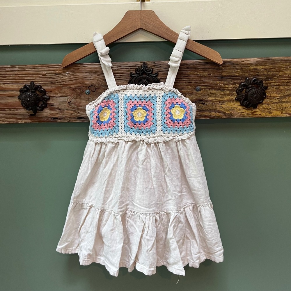 Haute Hippie Kids Style Ivory Crochet Floral Granny Square Tiered Dress 4T Boho